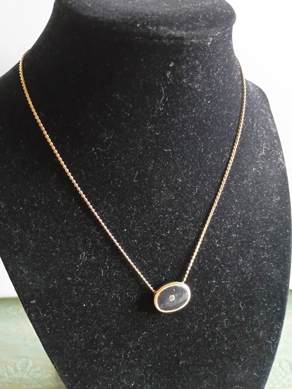 Trifari Vintage Mourning Black "Onyx" & Rhinestone Pendant On Gold Chain Choker